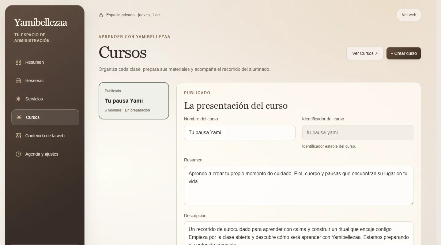 Panel privado: pantalla de cursos